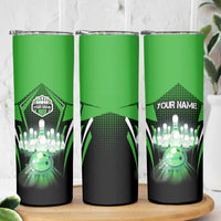 Bowling Team Design Skinny Tumbler Green Strike Graphic and Custom Name Shield Accent - Wonder Print Shop