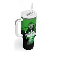 Bowling Team Design Tumbler With Handle Green Strike Graphic and Custom Name Shield Accent - Wonder Print Shop