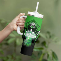 Bowling Team Design Tumbler With Handle Green Strike Graphic and Custom Name Shield Accent - Wonder Print Shop