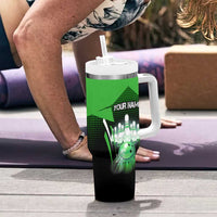 Bowling Team Design Tumbler With Handle Green Strike Graphic and Custom Name Shield Accent - Wonder Print Shop