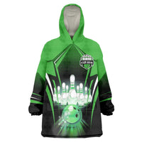 Bowling Team Design Wearable Blanket Hoodie Green Strike Graphic and Custom Name Shield Accent - Wonder Print Shop