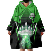 Bowling Team Design Wearable Blanket Hoodie Green Strike Graphic and Custom Name Shield Accent - Wonder Print Shop
