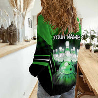 Bowling Team Design Women Casual Shirt Green Strike Graphic and Custom Name Shield Accent - Wonder Print Shop