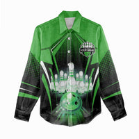 Bowling Team Design Women Casual Shirt Green Strike Graphic and Custom Name Shield Accent - Wonder Print Shop