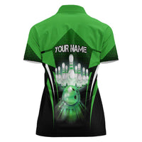 Bowling Team Design Women Polo Shirt Green Strike Graphic and Custom Name Shield Accent - Wonder Print Shop