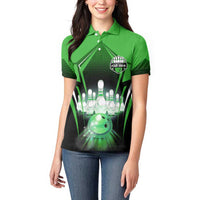 Bowling Team Design Women Polo Shirt Green Strike Graphic and Custom Name Shield Accent - Wonder Print Shop