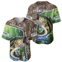 Personalized Bass Fishing Design Baseball Jersey Leaping Fish Graphic and Camouflage Green Water Splash Print - Wonder Print Shop