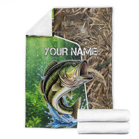 Personalized Bass Fishing Design Blanket Leaping Fish Graphic and Camouflage Green Water Splash Print - Wonder Print Shop