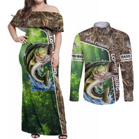 Personalized Bass Fishing Design Couples Matching Off Shoulder Maxi Dress and Long Sleeve Button Shirt Leaping Fish Graphic and Camouflage Green Water Splash Print - Wonder Print Shop