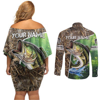 Personalized Bass Fishing Design Couples Matching Off Shoulder Short Dress and Long Sleeve Button Shirt Leaping Fish Graphic and Camouflage Green Water Splash Print - Wonder Print Shop