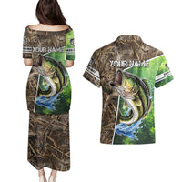 Personalized Bass Fishing Design Couples Matching Puletasi and Hawaiian Shirt Leaping Fish Graphic and Camouflage Green Water Splash Print - Wonder Print Shop