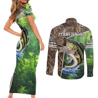 Personalized Bass Fishing Design Couples Matching Short Sleeve Bodycon Dress and Long Sleeve Button Shirt Leaping Fish Graphic and Camouflage Green Water Splash Print - Wonder Print Shop