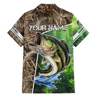 Personalized Bass Fishing Design Family Matching Off Shoulder Maxi Dress and Hawaiian Shirt Leaping Fish Graphic and Camouflage Green Water Splash Print - Wonder Print Shop