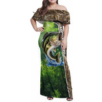 Personalized Bass Fishing Design Family Matching Off Shoulder Maxi Dress and Hawaiian Shirt Leaping Fish Graphic and Camouflage Green Water Splash Print - Wonder Print Shop
