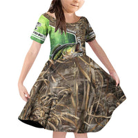 Personalized Bass Fishing Design Family Matching Off Shoulder Short Dress and Hawaiian Shirt Leaping Fish Graphic and Camouflage Green Water Splash Print - Wonder Print Shop
