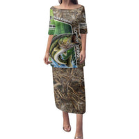 Personalized Bass Fishing Design Family Matching Puletasi and Hawaiian Shirt Leaping Fish Graphic and Camouflage Green Water Splash Print - Wonder Print Shop