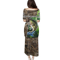 Personalized Bass Fishing Design Family Matching Puletasi and Hawaiian Shirt Leaping Fish Graphic and Camouflage Green Water Splash Print - Wonder Print Shop