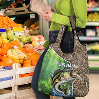 Personalized Bass Fishing Design Grocery Bag Leaping Fish Graphic and Camouflage Green Water Splash Print - Wonder Print Shop