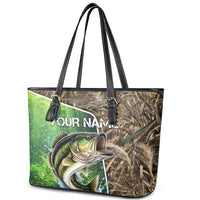 Personalized Bass Fishing Design Leather Tote Bag Leaping Fish Graphic and Camouflage Green Water Splash Print - Wonder Print Shop