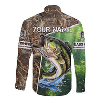 Personalized Bass Fishing Design Long Sleeve Button Shirt Leaping Fish Graphic and Camouflage Green Water Splash Print - Wonder Print Shop