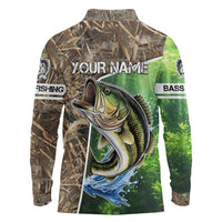 Personalized Bass Fishing Design Long Sleeve Polo Shirt Leaping Fish Graphic and Camouflage Green Water Splash Print - Wonder Print Shop