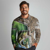 Personalized Bass Fishing Design Long Sleeve Polo Shirt Leaping Fish Graphic and Camouflage Green Water Splash Print - Wonder Print Shop