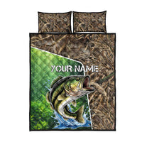 Personalized Bass Fishing Design Quilt Bed Set Leaping Fish Graphic and Camouflage Green Water Splash Print - Wonder Print Shop