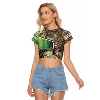 Personalized Bass Fishing Design Raglan Cropped T Shirt Leaping Fish Graphic and Camouflage Green Water Splash Print - Wonder Print Shop
