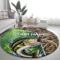 Personalized Bass Fishing Design Round Carpet Leaping Fish Graphic and Camouflage Green Water Splash Print - Wonder Print Shop