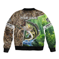 Personalized Bass Fishing Design Sleeve Zip Bomber Jacket Leaping Fish Graphic and Camouflage Green Water Splash Print - Wonder Print Shop