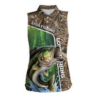 Personalized Bass Fishing Design Women Sleeveless Polo Shirt Leaping Fish Graphic and Camouflage Green Water Splash Print - Wonder Print Shop