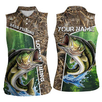 Personalized Bass Fishing Design Women Sleeveless Polo Shirt Leaping Fish Graphic and Camouflage Green Water Splash Print - Wonder Print Shop