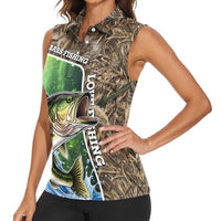 Personalized Bass Fishing Design Women Sleeveless Polo Shirt Leaping Fish Graphic and Camouflage Green Water Splash Print - Wonder Print Shop