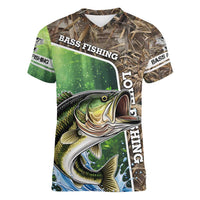 Personalized Bass Fishing Design Women V-Neck T-Shirt Leaping Fish Graphic and Camouflage Green Water Splash Print - Wonder Print Shop