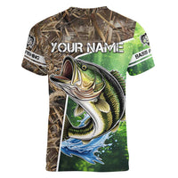 Personalized Bass Fishing Design Women V-Neck T-Shirt Leaping Fish Graphic and Camouflage Green Water Splash Print - Wonder Print Shop