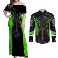 Personalized Skeleton Racing Couples Matching Off Shoulder Maxi Dress and Long Sleeve Button Shirt Cool Bone Motorcycle Motocross Off-Road Riders Racewear - Wonder Print Shop