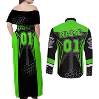 Personalized Skeleton Racing Couples Matching Off Shoulder Maxi Dress and Long Sleeve Button Shirt Cool Bone Motorcycle Motocross Off-Road Riders Racewear - Wonder Print Shop