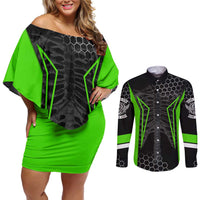 Personalized Skeleton Racing Couples Matching Off Shoulder Short Dress and Long Sleeve Button Shirt Cool Bone Motorcycle Motocross Off-Road Riders Racewear - Wonder Print Shop