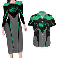 Personalized Bowling Heartbeat Team Couples Matching Long Sleeve Bodycon Dress and Hawaiian Shirt For Bowlers Green and Gray - Wonder Print Shop
