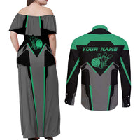 Personalized Bowling Heartbeat Team Couples Matching Off Shoulder Maxi Dress and Long Sleeve Button Shirt For Bowlers Green and Gray - Wonder Print Shop