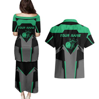 Personalized Bowling Heartbeat Team Couples Matching Puletasi and Hawaiian Shirt For Bowlers Green and Gray - Wonder Print Shop