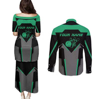 Personalized Bowling Heartbeat Team Couples Matching Puletasi and Long Sleeve Button Shirt For Bowlers Green and Gray - Wonder Print Shop