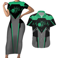 Personalized Bowling Heartbeat Team Couples Matching Short Sleeve Bodycon Dress and Hawaiian Shirt For Bowlers Green and Gray - Wonder Print Shop