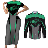Personalized Bowling Heartbeat Team Couples Matching Short Sleeve Bodycon Dress and Long Sleeve Button Shirt For Bowlers Green and Gray - Wonder Print Shop
