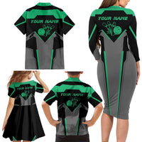 Personalized Bowling Heartbeat Team Family Matching Long Sleeve Bodycon Dress and Hawaiian Shirt For Bowlers Green and Gray - Wonder Print Shop