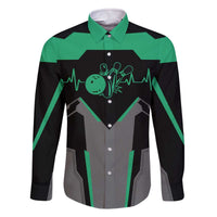Personalized Bowling Heartbeat Team Family Matching Off The Shoulder Long Sleeve Dress and Hawaiian Shirt For Bowlers Green and Gray - Wonder Print Shop