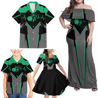 Personalized Bowling Heartbeat Team Family Matching Off Shoulder Maxi Dress and Hawaiian Shirt For Bowlers Green and Gray - Wonder Print Shop