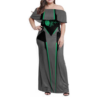 Personalized Bowling Heartbeat Team Family Matching Off Shoulder Maxi Dress and Hawaiian Shirt For Bowlers Green and Gray - Wonder Print Shop