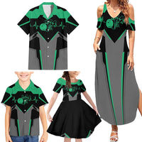 Personalized Bowling Heartbeat Team Family Matching Summer Maxi Dress and Hawaiian Shirt For Bowlers Green and Gray - Wonder Print Shop