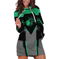 Personalized Bowling Heartbeat Team Hoodie Dress For Bowlers Green and Gray - Wonder Print Shop